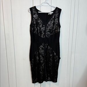 Cleo Black Sequin Floral Patterned Lace Knee Length Dress - Flattering waist det